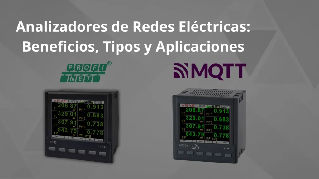 Imagen promocional de analizadores de redes eléctricas: ND30PNET y ND30IoT, junto con el logotipo de PROFI-NETT y MQTT, mostrando mediciones y datos en las pantallas de los dispositivos.