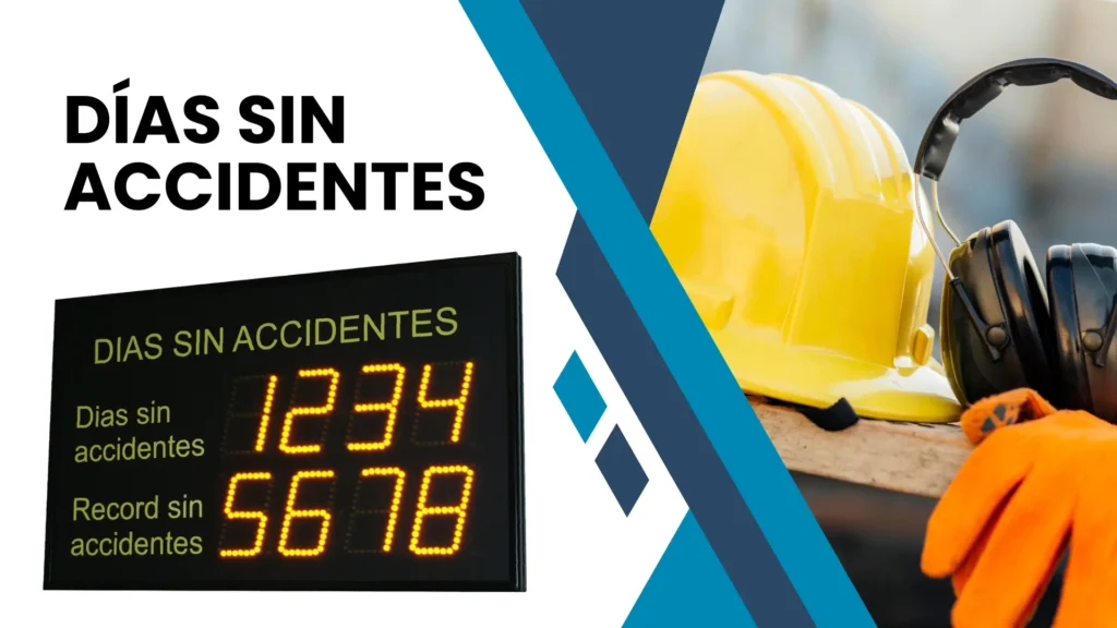 Panel electrónico mostrando el número de días sin accidentes en un entorno laboral, junto a equipo de protección personal como un casco, guantes y protectores auditivos.